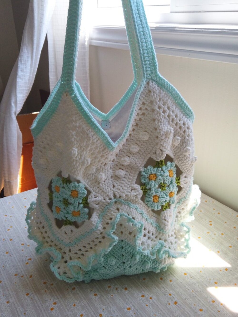 Handmade Blue Floral Granny Square Basket Bag